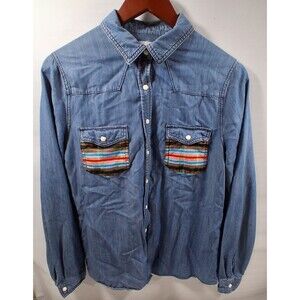 Ranch Royalty Distressed Denim Pearl Snap Shirt Southwest Flair Cowgirl Vintage